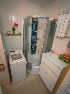 baño pequeño con ducha y lavamanos en Komfortowy Apartament Seven niedaleko centrum, en Olsztyn