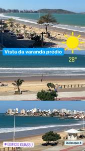 twee foto's van een strand met de woorden visseria da varanda puerto bij Suíte Mar Econômica e Compacta - Praia do Morro - Prédio frente Mar com elevador, atravessou a avenida, já está na Praia - Garagem - Internet in Guarapari