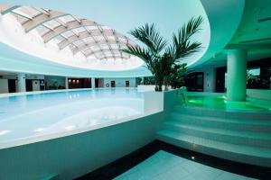 a large tub in a building with a palm tree at Aleda Hanza 14 floor, balkon in Szczecin