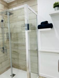 um chuveiro com uma porta de vidro na casa de banho em Coqueto apartamento a 50 metros de la playa em Las Palmas de Gran Canaria