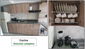 2 fotos de una cocina con encimera y nevera en Confortable apartamento en el corazón del eje cafetero, en Armenia