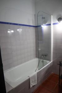 uma casa de banho com uma banheira e um chuveiro em vidro. em Apartamentos Turisticos Casa Cantillo em Carmona
