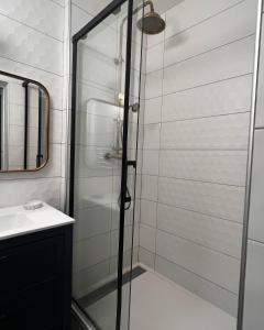 a shower with a glass door in a bathroom at Epernay, appartement champagne Art et Déco in Épernay