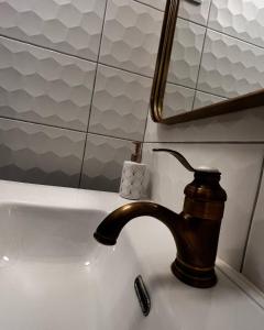 a bathroom sink with a faucet and a mirror at Epernay, appartement champagne et art déco in Épernay