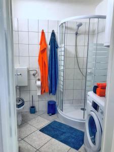 La salle de bains est pourvue d'une douche et d'un lave-linge. dans l'établissement 1BR Apartment on the Most Beautiful Street in Ljubljana Center, à Ljubljana