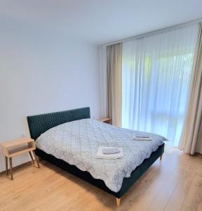 a bedroom with a bed and a large window at Lily Central Apartment with free parking in Târgu-Mureş
