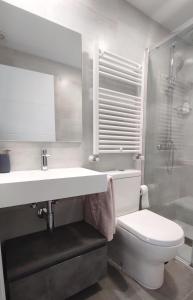 La salle de bains est pourvue d'un lavabo blanc et de toilettes. dans l'établissement Casa "El Villar", à Matabuena