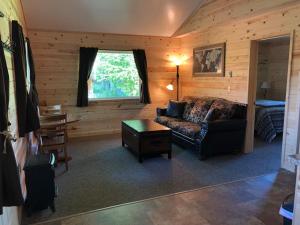 a living room with a couch and a bed at Susitna River Lodging, Backwoods Cabins in Talkeetna