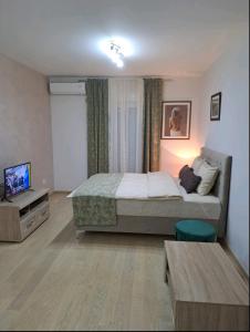 - une chambre avec un lit et une télévision dans l'établissement Apartman City kvart, à Podgorica