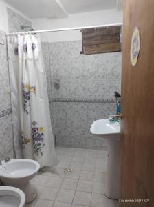 ein Badezimmer mit einem WC-Waschbecken und einem Duschvorhang in der Unterkunft Casita del Río in Santa Rosa de Calamuchita