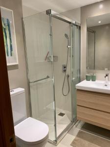 een badkamer met een douche, een toilet en een wastafel bij Precioso piso recién reformado en Zaragoza in Zaragoza