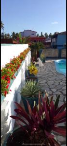 MataracaにあるBarra Adventure Pousadaのプールの隣にある植物や花が咲く庭園