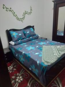 - une chambre dotée d'un lit avec des draps bleus et un miroir dans l'établissement the flowers apartment, à Alexandrie