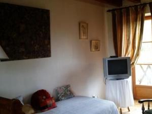 1 dormitorio con 1 cama y TV en la pared en Gîte Asnières-sur-Vègre, 2 pièces, 3 personnes - FR-1-410-152, en Asnières-sur-Vègre