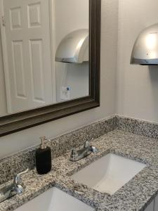 a bathroom counter with a sink and a mirror at Roosevelt Inn in Jacksonville