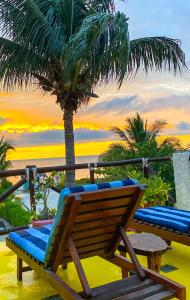a wooden chair sitting on the beach with a palm tree at Casa Luz Beach Front Holbox in Holbox Island
