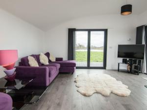 een woonkamer met paarse banken en een tapijt bij Sunnyside Lodge in Glastonbury