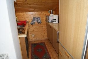 una pequeña cocina con nevera y encimera en Gästehaus Ferienwohnungen LACKNER, en Rennweg