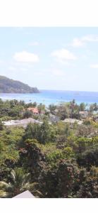 a view of the ocean from a resort with trees at Ogumka 2 , self catering , Santa Maria , Mahe , Seychelles in Anse Royale