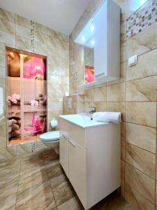 La salle de bains est pourvue d'un lavabo et de toilettes. dans l'établissement IVA apartments, à Šilo