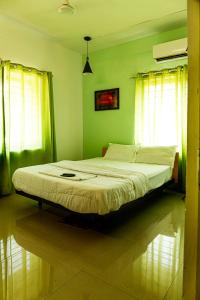コーリコードにあるEcoville suitesの緑の壁と窓が特徴のドミトリールームのベッド1台分です。