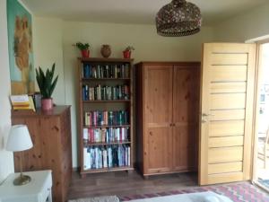 a bedroom with a book shelf filled with books at V4 Kilátóterasz Apartmanok Földszint in Nagymaros