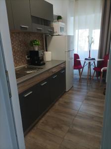 a kitchen with a refrigerator and a table with chairs at Soft Apartments in Galaţi