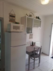 a kitchen with a refrigerator and a table with a microwave at Le gîte des Mégalithes in Le Bernard