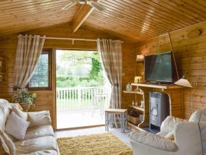 a living room with a couch and a tv at Llama Lodge in Otterford
