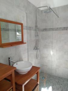 ein Bad mit einem Waschbecken und einer Glasdusche in der Unterkunft Maison in Hourtin