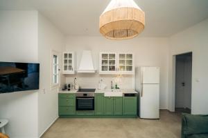 La cuisine est équipée de placards verts et d'un réfrigérateur blanc. dans l'établissement La Maison de Lilac-Luxurious Olive Grove apartments, à Platis Gialos