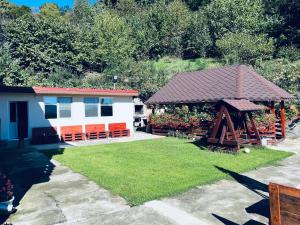 a yard with a house and a gazebo at Pensiunea Ilarie in Cărpiniş
