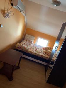 um pequeno quarto com uma cama e uma janela em Pensiunea Ilarie em Cărpiniş