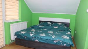 a bedroom with green walls and a bed with a blue comforter at Pensiunea Ilarie in Cărpiniş