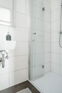 a shower with a glass door in a bathroom at Kinderklinik 600m zum Bahnhof 2A in Siegen
