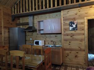 a kitchen with wooden walls and a counter and a sink at Apartamentos Rurales Sierra Luna in Andújar