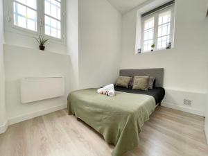 um quarto com uma cama num quarto com janelas em Bleu persan - SENS centre - Netflix em Sens