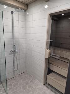 um chuveiro com uma porta de vidro na casa de banho em Naava Chalet Loft 303 em Ähtäri