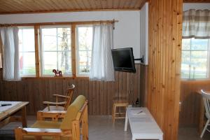 a living room with a tv and wooden walls at Backs Semesterby in Duved