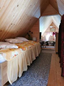 1 dormitorio con 1 cama grande en el ático en Ferienhaus mit mediterraner Terrasse, en Müllrose