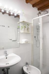 y baño blanco con lavabo y ducha. en La Gabbia del Grillo, en Florencia