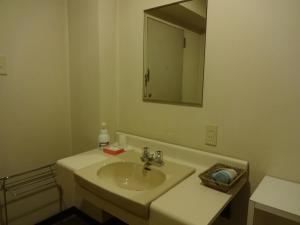 a white bathroom with a sink and a mirror at Resort Inn Seikan in Hakuba