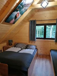 a bedroom with a bed in a log cabin at Agroturystyka W oddali z balią in Międzylesie