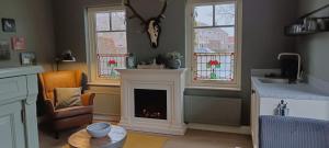 a living room with a fireplace and two windows at Rembrandthuis in Ommen