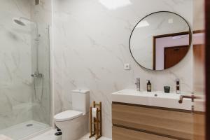 Un baño con inodoro, lavabo y espejo. en Apartamento Santos Pousada, en Oporto