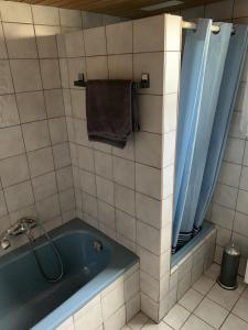 uma casa de banho com uma banheira azul e uma toalha em Eifeloase Sophia em Nettersheim