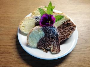 a plate with a piece of cake with a flower on it at Penzion Nadějov in Kašperské Hory +39 photos