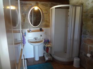 ein Bad mit einem Waschbecken und einer Dusche mit einem Spiegel in der Unterkunft Luxurious Villa with Private Beach in Apróvaton