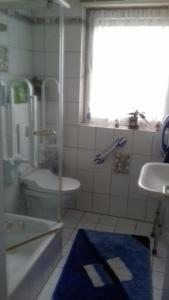 ein Bad mit einer Dusche, einem WC und einem Waschbecken in der Unterkunft Doms-Baumhammer, Auf dem Baer 4 in Viersen
