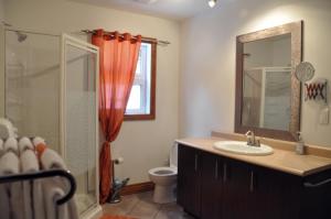 a bathroom with a sink and a shower and a toilet at Chalet Rouge in New Richmond +13 photos